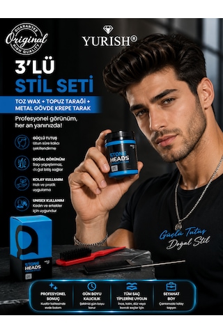 3'lü Stil Seti Toz Wax + Topuz Tarağı + Metal Gövde Krepe Tarak 0