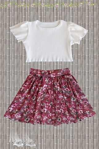 Çocuk Etekli Crop Takım, Çiçekli Gülkurusu Etek - Ekru Crop Ekru -gulkurusu1 Ekru - Gülkurusu