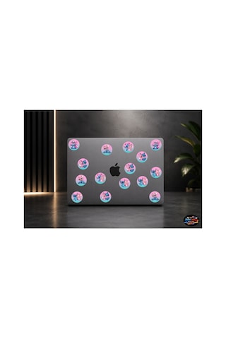 Stitch & Angel Tatlı Uyum Sticker Seti 15 Adet Pembe Mavi Yuvarlak Laptop Ve Defter Çıkartması
