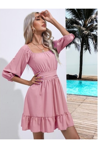 Açık Yeşil Yaz Kadın Elbise Fırfırlı Kare Yaka Düz Renk Elbise Tatlı Ve Taze Kravat Kısa Elbise Xl Açık Yeşil