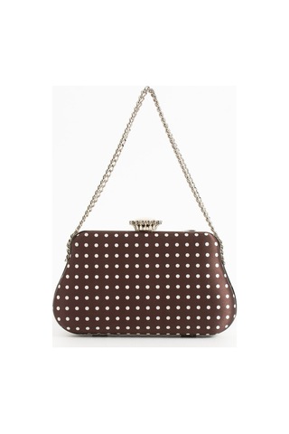 Lebibe Shoes Polkıa Kahverengi Saten Kumaş Puantiye Desenli Zincir Askılı Klips Kapamalı Clutch Çanta