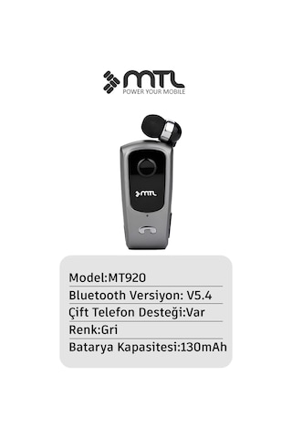 Yaka Klipsli Mono Makaralı Bluetooth Kulaklık Çift Telefon Destekli Mt920