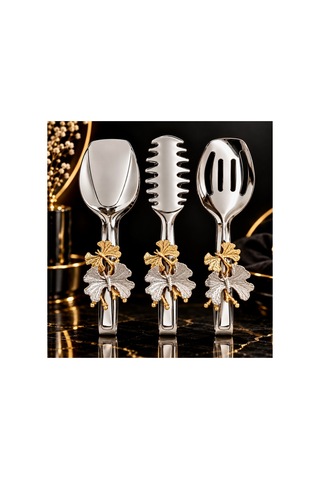 Premium 3 Lü Servis Maşa Seti, Gold Gümüş Detaylı Makarna Salata Pasta Kek Sunum Maşa Seti