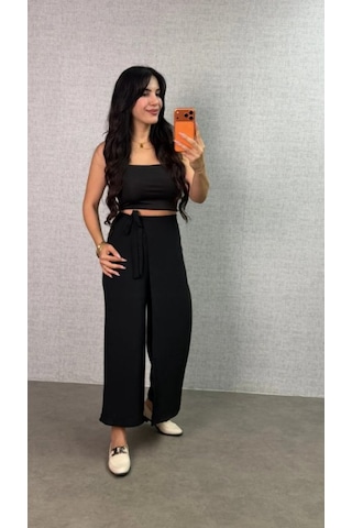 Efnaz Style Kadın Beli Lastikli Bağcık Detay Aerobin Kumaş Etek Pantolon siyah