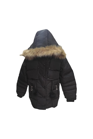 Life For Moda Kız Çocuk Önü Fermuarlı Ve Çıt Çıtlı Ponpon Detaylı Çıkarılabilir Tüylü Kapüşonlu Peluş Astarlı Mont 3018 Siyah