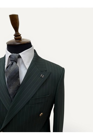 Hermose Sartorial Zümrüt Yeşili Çizgili Kruvaze Takım Elbise Yeşil