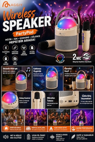 Partypod Bluetooth 5.3 Destekli Çok Fonksiyonlu Kablosuz Hoparlör
