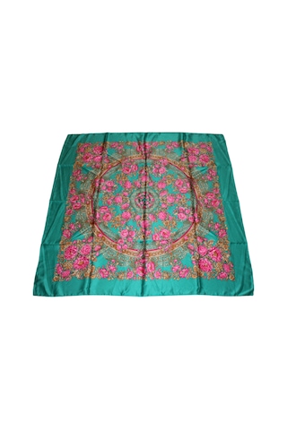 Tikitonki Pembe Çiçek Desenli Kare Kesim Nil Yeşili Eşarp - 90x90 Çok Renkli Çok Renkli