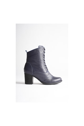 Analin Shoes Kadın Hakiki Deri Bağcıklı Kalın Topuklu Şık Bot Lacivert