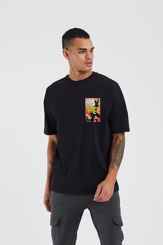 Thewert Unisex Ateş Metni Çizgi Roman Baskılı Siyah Oversize Tshirt