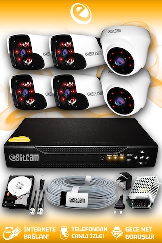 Elitcam 6 Kameralı Panda 2 İç Kamera Set 100 GB HDD Full HD Gece Görüşlü Güvenlik Kamerası Sistemi
