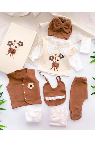 Fiyonk Ve Çiçek Detaylı %100 Pamuk 10 Parça Bebek Hastane Çıkış Kahverengi
