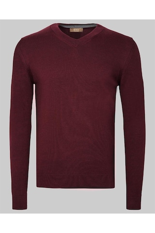 Erkek V Yaka Triko Slim Fit Pamuklu Kazak Ncs Jeans 3002-Bordo