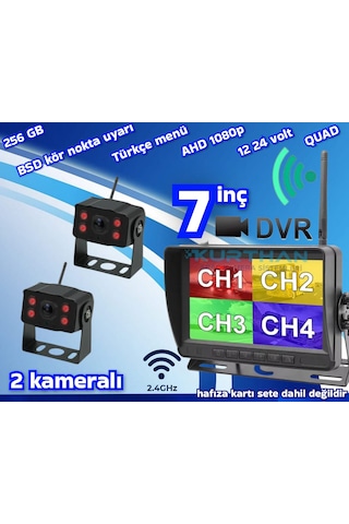 2 Adet Kablosuz Kamera Ahd 1080p 7 İnç Dvr Monitör Bsd Kör Nokta Sistemli 12 24 V