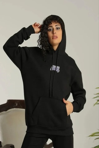 Defymoda Baskılı Oversize Üç İplik Kapüşonlu Sweatshirt - Siyah Siyah