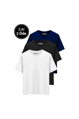 Rich Erkek 3 Lü Paket %100 Pamuk Oversize Tişört Basic Bisiklet Yaka Kısa Kollu T-shirt Lacivert