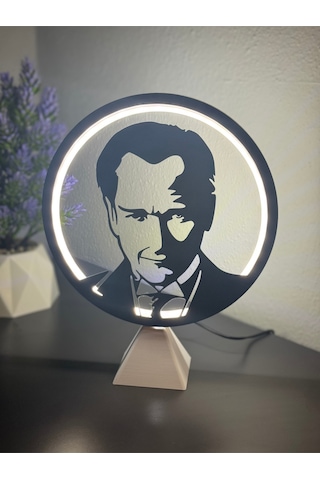 Atatürk Silüetli Halka Led Dekoratif Işıklı Masa/gece Lambası Anlamlı Hediye Adaptör Dahil Beyaz