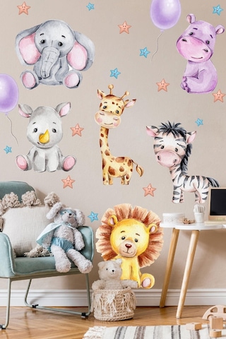 MSticker Sevimli Hayvanlar Balon Ve Yıldızlar Çocuk Bebek Odası Sticker Seti