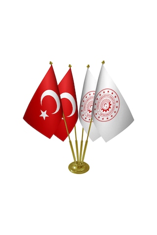 Masa Üstü Sanayi ve Teknoloji Bakanlığı Bayrağı Türk Bayrağı Dörtlü Pirinç Direk Masa Bayrak Seti