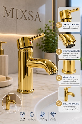 Lüx Gold Premium Sabit Lavabo Bataryası Pirinç Ağır Gövde Çift Su Girişli Lüx Lavabo Bataryası Çeşmesi Musluğu Altın