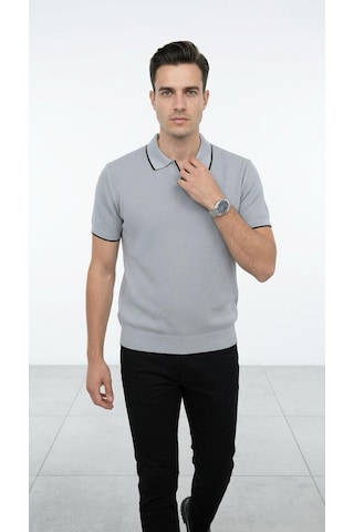 Plus Scorpion Erkek Pike Dokulu Triko Polo Yaka Tişört Slim Fit Şerit Detaylı Yazlık Model Gri