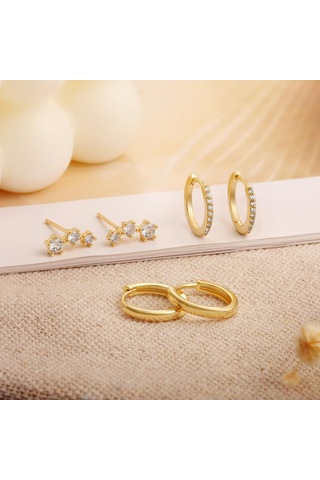 Kangvka Kadınlar İçin 14k Altın Kaplama Zirkon Taşlı 3 Çift Set: Dairesel Ve Taca Stilleriyle Çeşitli Renk Seçenekleri Gold