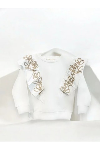 Kız Çocuk Pamuklu Orta Kalınlık Omuzları Fırfırlı Ve Nakışlı Sweatshirt-14447 Ekru