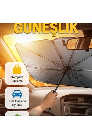 Şemsiye Tipi Katlanabilir Oto Güneşliği Upe Alaşımlı 125x65 Cm Araç Ön Cam Koruyucu