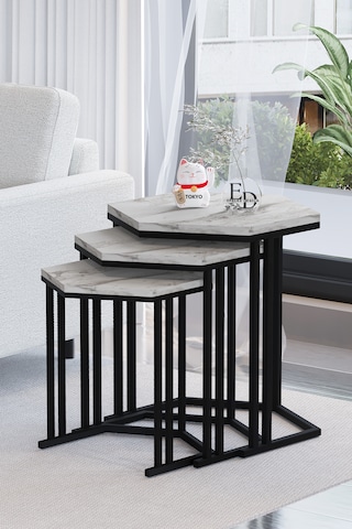 Tokyo 3'lü Zigon Sehpa Siyah Metal - Beyaz Mermer Tabla