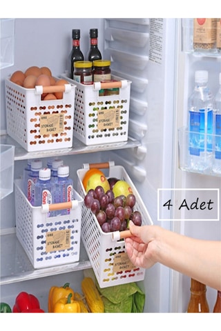 Bayev 4 Adet Beyaz Ahşap Renk Saplı Buzdolabı Mutfak Düzenleyici Banyo Düzenleyici Organizer Sepet Beyaz
