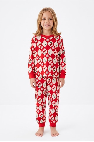 Bunny Hopp %100 Pamuk Uzun Kollu Mevsimlik Kiraz ve Çiçek Desenli Kız Çocuk Pijama Takımı Kırmızı