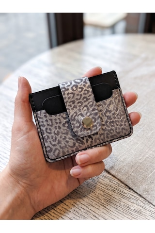 Luna Luster Gümüş Leopar Desenli Kadın Çıtçıtlı Deri Kartlık Siyah - Beyaz - Leopar