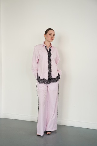 Verymoda Dantel Detaylı Çizgili Gömlek - F2082 Pembe