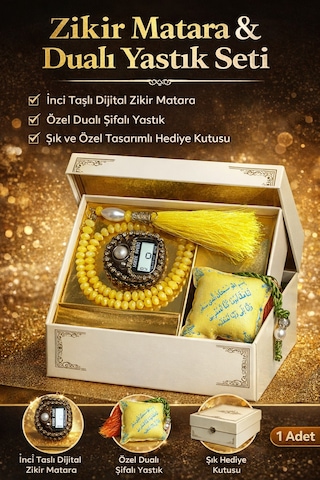 İnci Detaylı Dijital Zikir Matik, Tesbih & Dualı Yastık Seti Özel Kutulu Manevi Hediyelik Tesbihmatik Sarı
