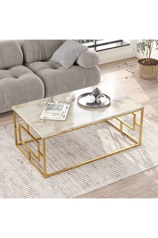Atlantis Gold Metal Orta Sehpa Mermer Desen Beyaz Mermer - Altın