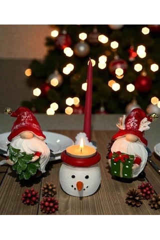 Dekoratif Yılbaşı Dekor Seti Noel Cücesi Figürleri Ve Kardan Adam Mumluk Yeni Yıl Masa Üstü Süsleme