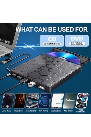 Willowhaven Siyah 8'li 1 Arada Usb 3.0 Type-c İnce Taşınabilir Cd Dvd Sürücü Sd Kart Okuyucu Windows Mac Linux