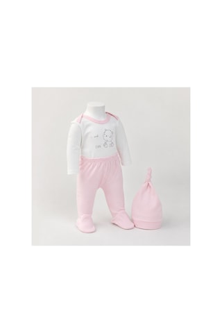 Bebelove Bebek 3'lü Zıbın Takımı Pembe Ayılı Desenli Uzun Kollu Pembe - Beyaz