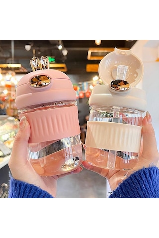 Taşınabilir Sevimli Karikatür Tavşan Su Bardağı-bej