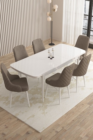 Mazaka Beyaz 80x132 Açılabilir Mdf Masa Yemek Odası Takımı, Mutfak Takımı 6 Adet Sandalye Cappucino