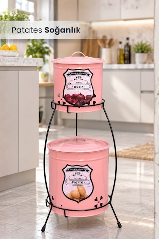 2 Katlı Pembe Metal Patates Soğanlık Kovası Çeyizlik Sebzelik Saklama Kabı - Pembe