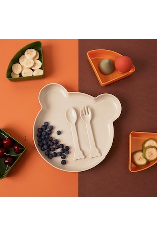 Tucklebery Buddy Ayıcık Mama Tabağı Seti – Yeşil, Sarı, Bej | Çatal-Kaşık + 5 Bölmeli, Eğlenceli & BPA İçermez, Güvenli Mama Tabağ
