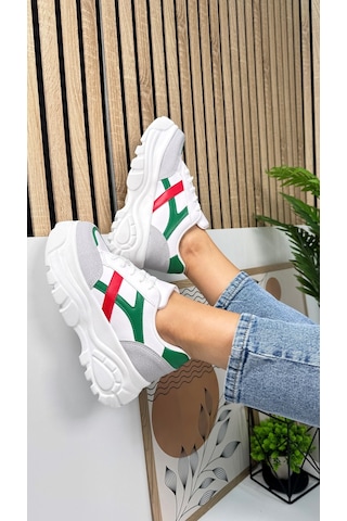 Günlük Kadın Sneaker Kalın Yüksek Taban Bağcıklı Rahat Tiger Şeritli Spor Ayakkabı 032 08-taş Yeşil Kırmızı