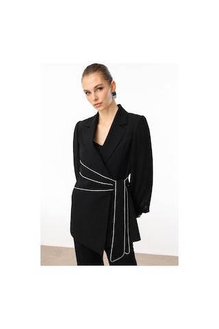 Moda İlgi Kadın Kolları Piliseli Şerit Aksesuarlı Ceket 5008 Siyah Siyah