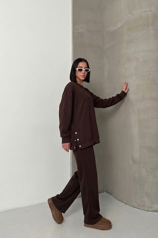 Soft&basic Rahat Kesim Uzun Kollu Yanları Çıt Kapamalı Premium Yumuşak Kumaş Eşofman Takımı Kahverengi
