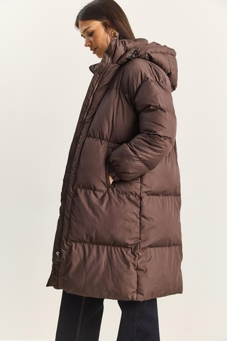 Shade Kadın Cep Detaylı Astarlı Kapüşonlu Uzun Puffer Mont 1129 60283868 - Acı Kahve Kahverengi