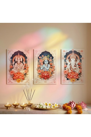 Bohem Hint Tanrıları Ahşap Tablo Serisi - 3 Parça Spiritüel Duvar Sanatı Seti - Ganesha, Vishnu, Krishna Özel Baskı Tablo