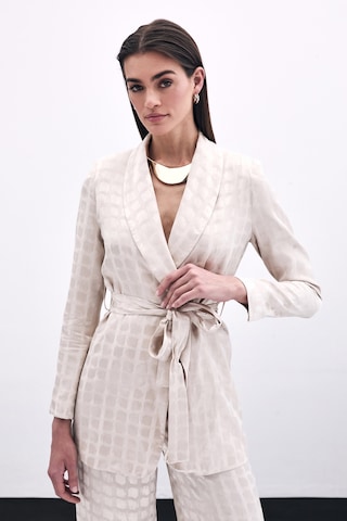 Sateen Kare Desenli Kuşaklı Ceket - Bej-135789 Bej