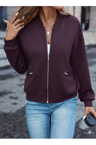 Kadın Uzun Kollu Önden Fermuarlı Cepli Modal Mürdüm Ceket Mürdüm