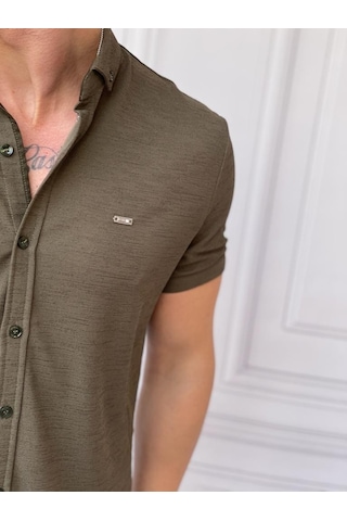 Modefendi Slim Fit Pamuk Örme Polo Yaka Kısa Kollu Gömlek Haki
